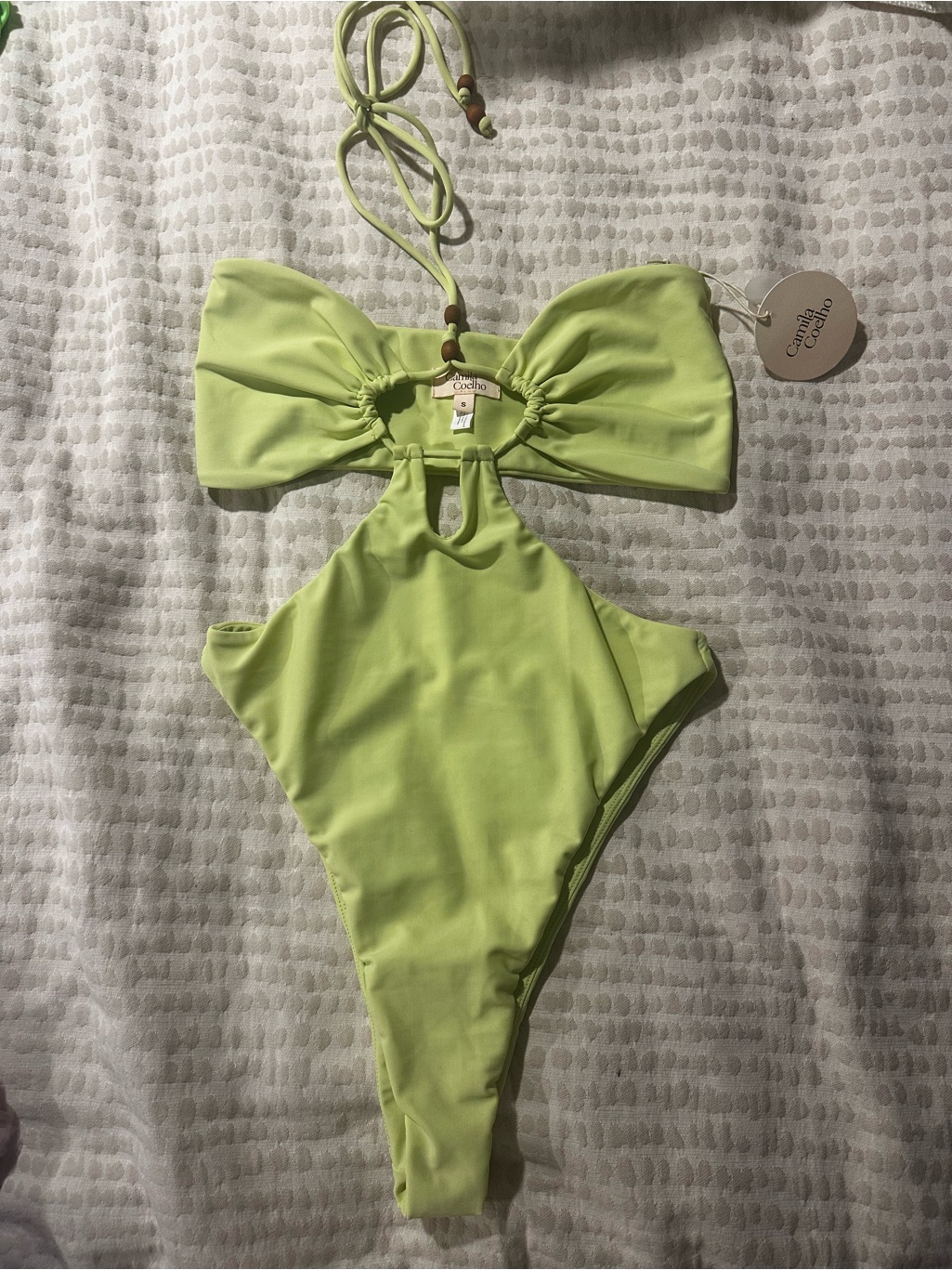 Camila Coelho Sage Green Halter Cutout One-Piece With Wooden Beads.
